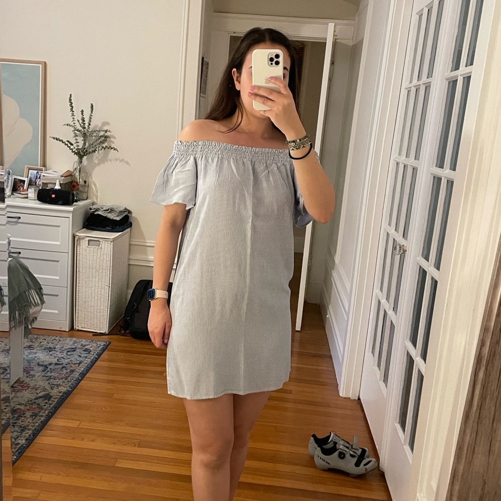 Striped blue and white off the shoulder dress